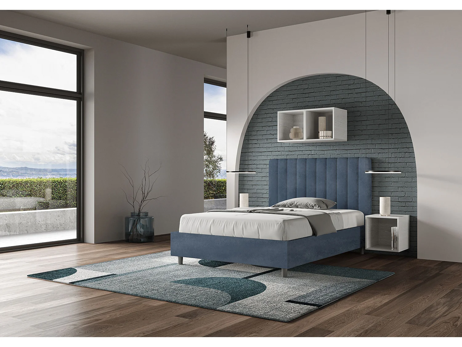 Lit 1 place et demi coffre rembourré 120x200 microfibre bleu Agueda