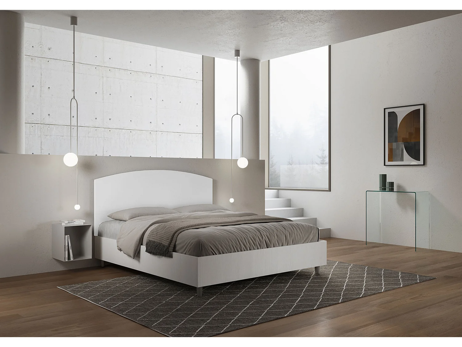 Cama contenedor 160x200 cabecero estructura fresno blanco Antilia melamina blanco/polipiel