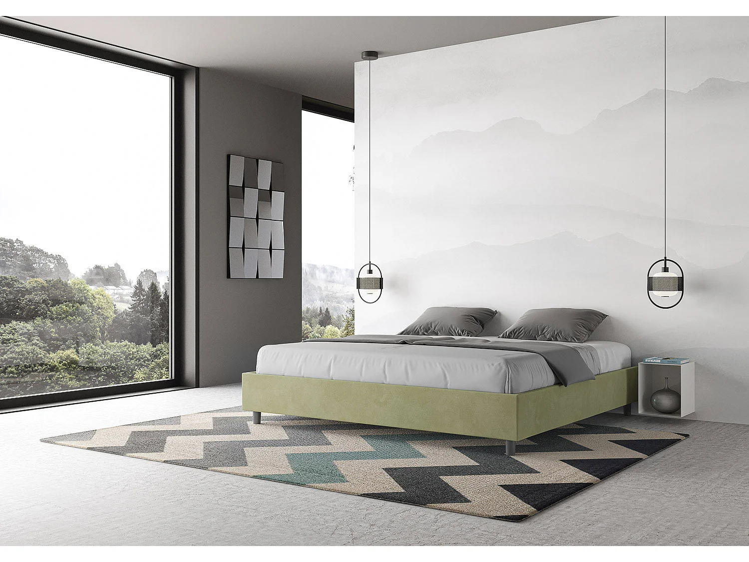 Cama sommier contenedor acolchado microfibra té verde Azelia 180x190