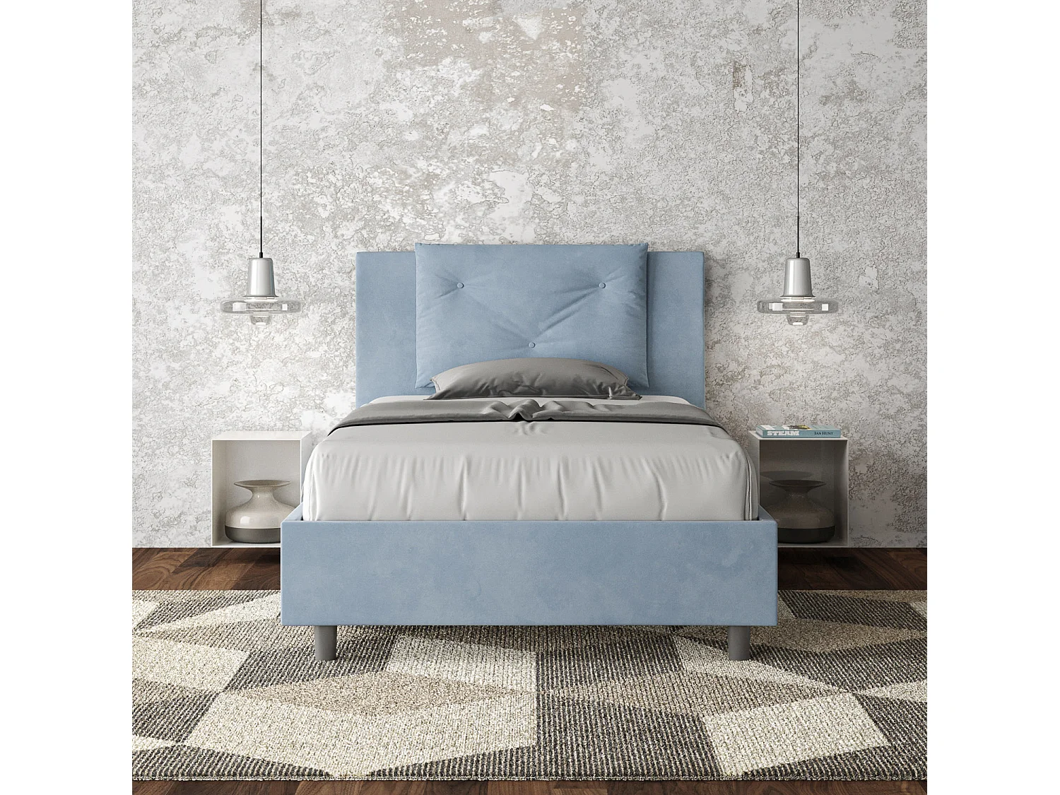Lit 1 place et demi coffre rembourré 120x190 microfibre bleu clair Appia