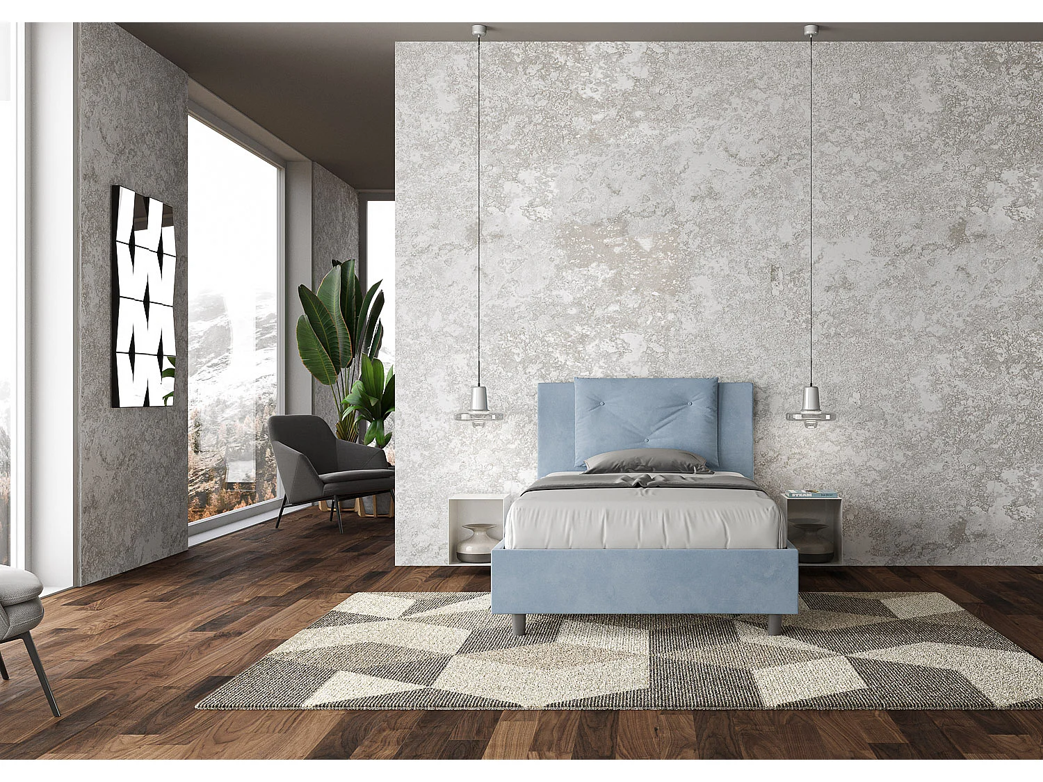 Lit 1 place et demi coffre rembourré 120x190 microfibre bleu clair Appia