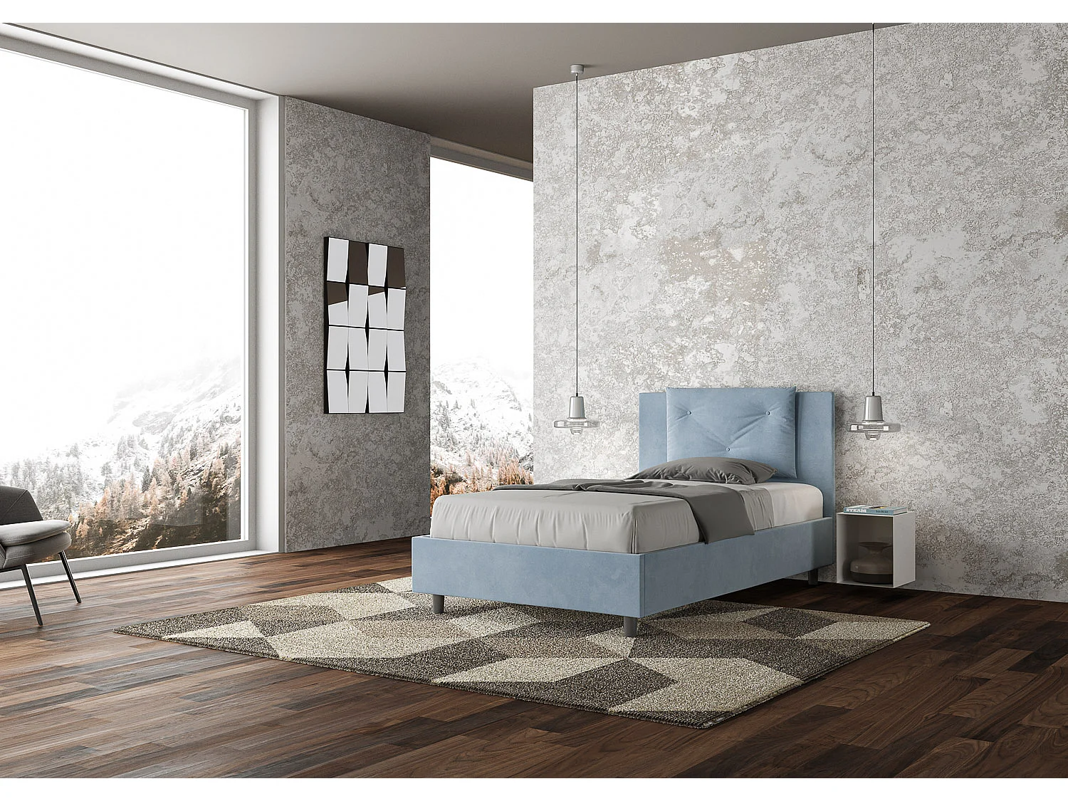 Lit 1 place et demi coffre rembourré 120x190 microfibre bleu clair Appia