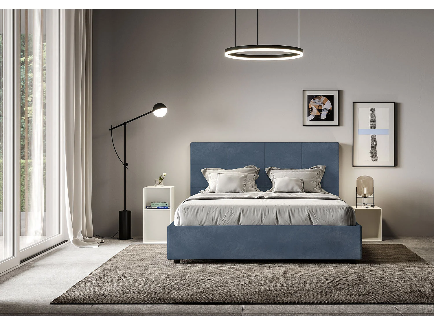 Lit coffre rembourré 160x210 microfibre bleu Mika