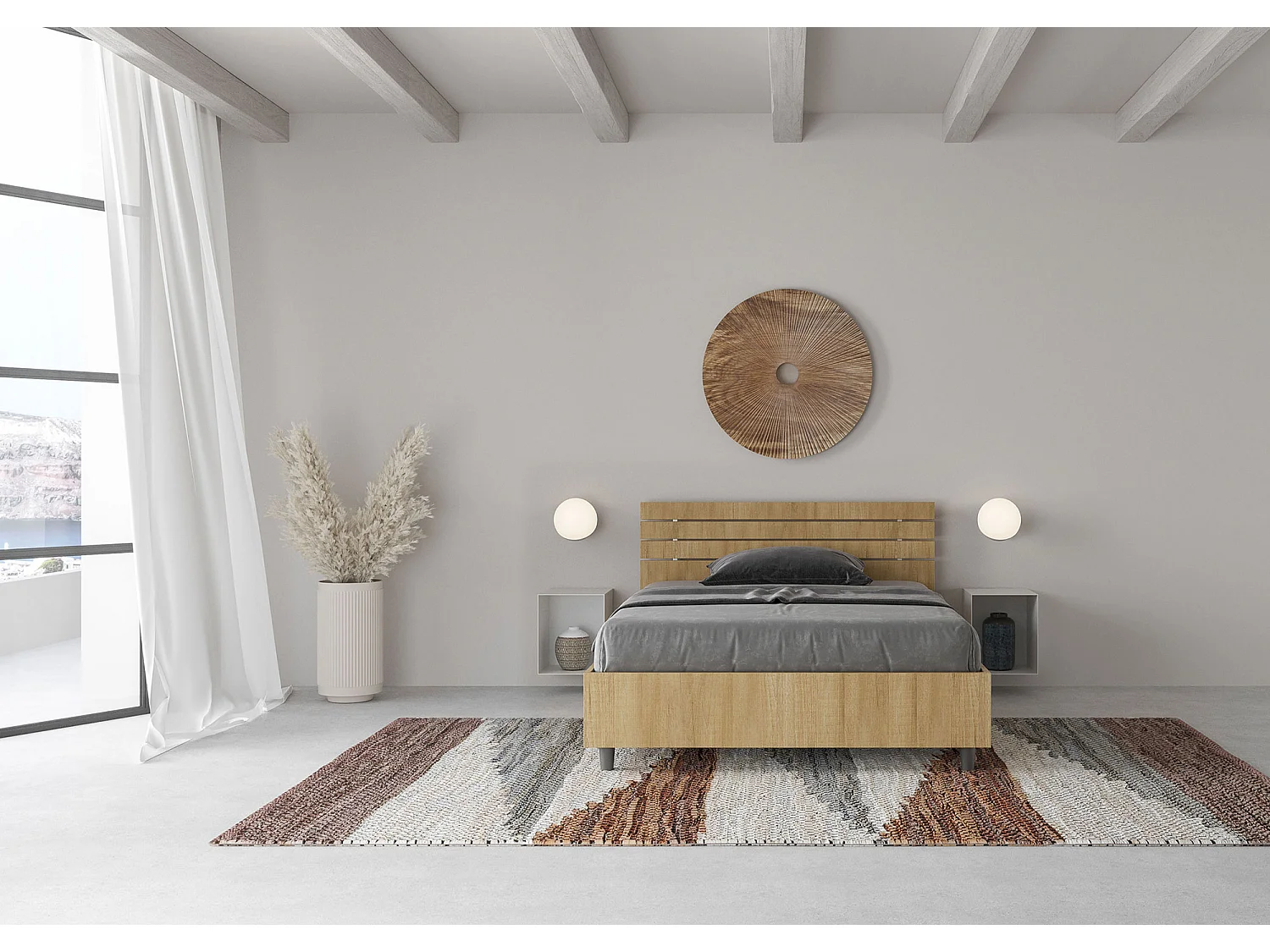 Lit 1 place et demi coffre 120x200 tête de lit droite avec des lames chêne nature Ankel