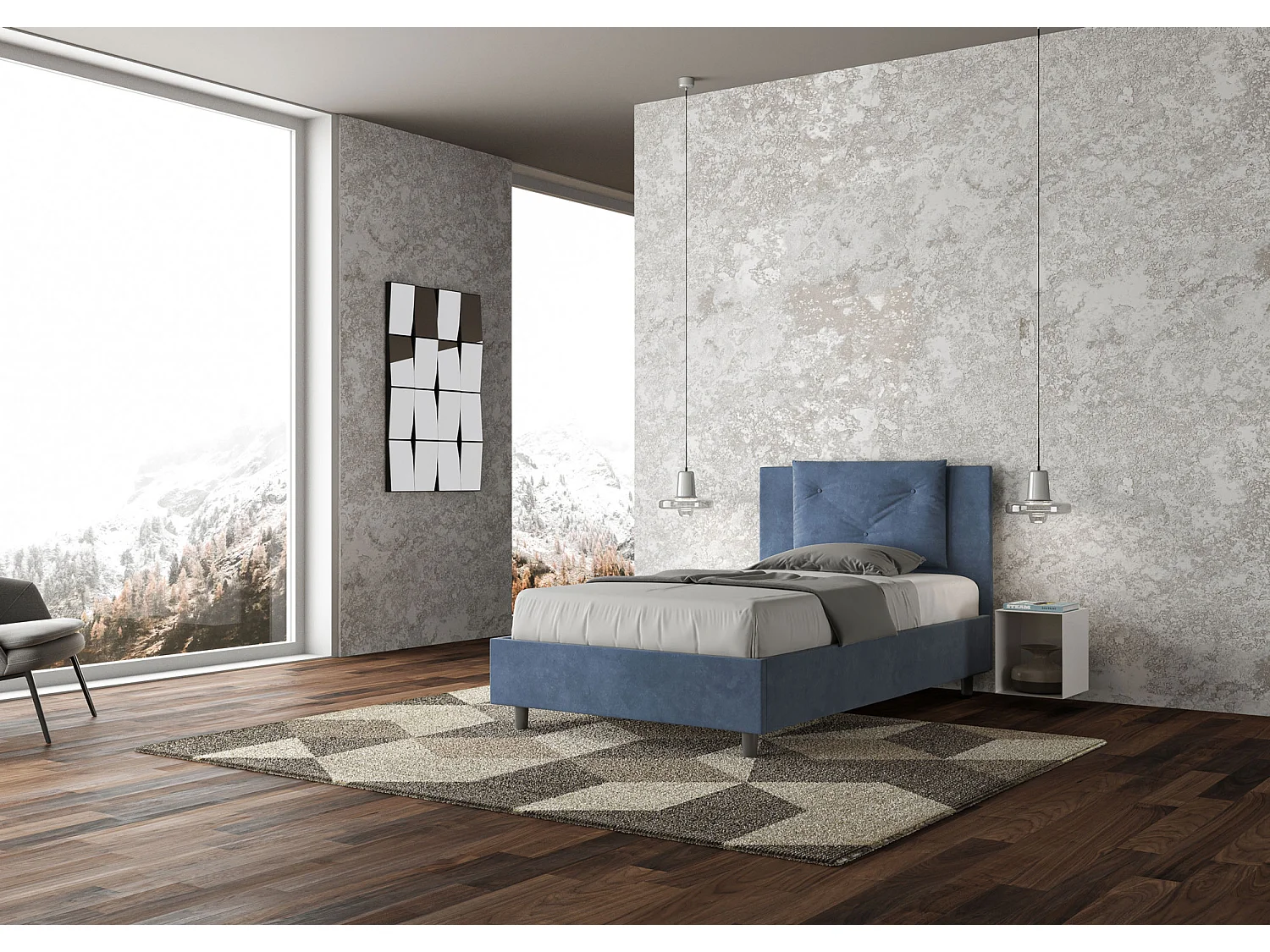 Lit 1 place et demi coffre rembourré 120x190 microfibre bleu Appia