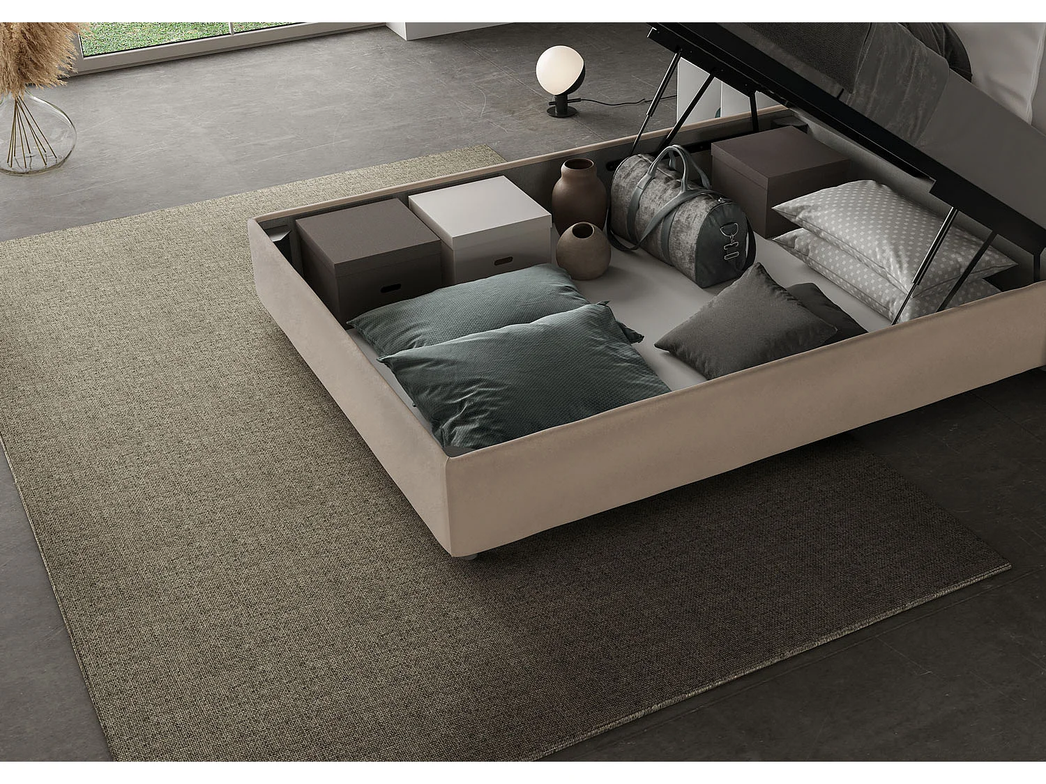 Lit double coffre rembourré 140x190 microfibre sable Adele