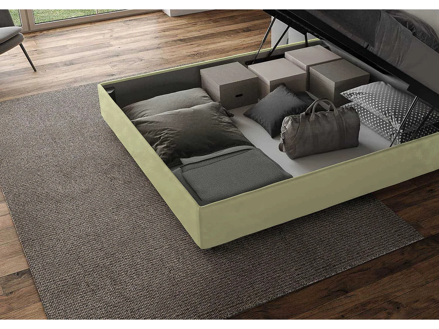 Letto contenitore imbottito 160x190 microfibra tè verde Agueda