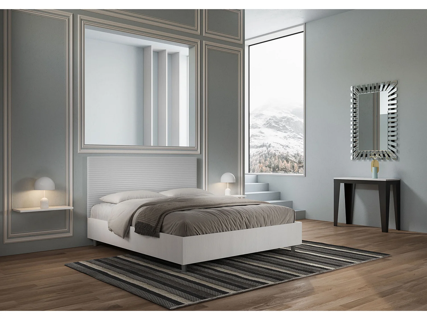 Lit coffre 160x200 structure frêne blanc tête de lit similicuir blanc Level