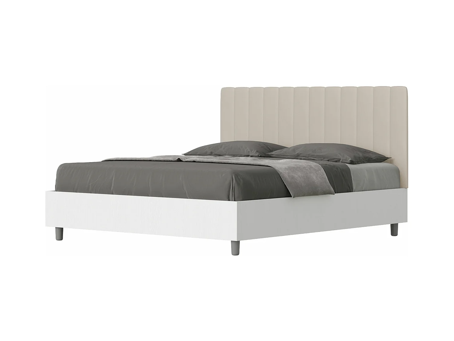 Lit coffre 160x200 structure frêne blanc tête de lit similicuir taupe Kaia