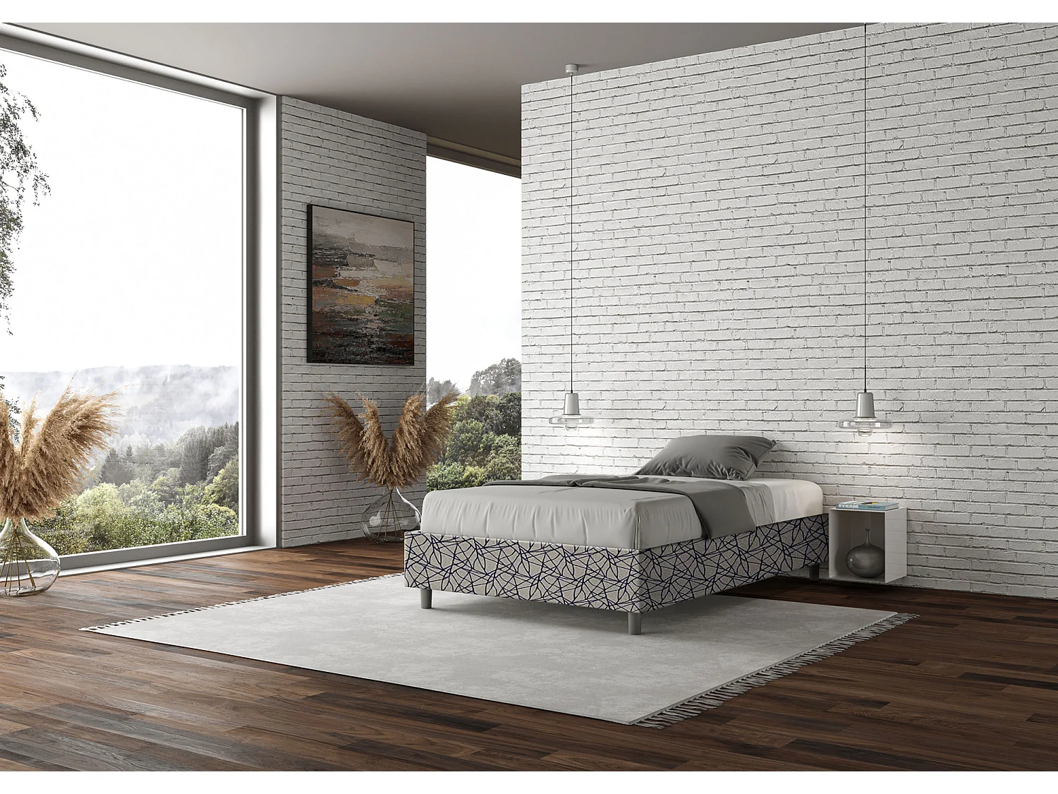 Cama de una plaza y medio con almacenaje acolchada sin cabecero 120x210 tejido Era 9 azul Azelia