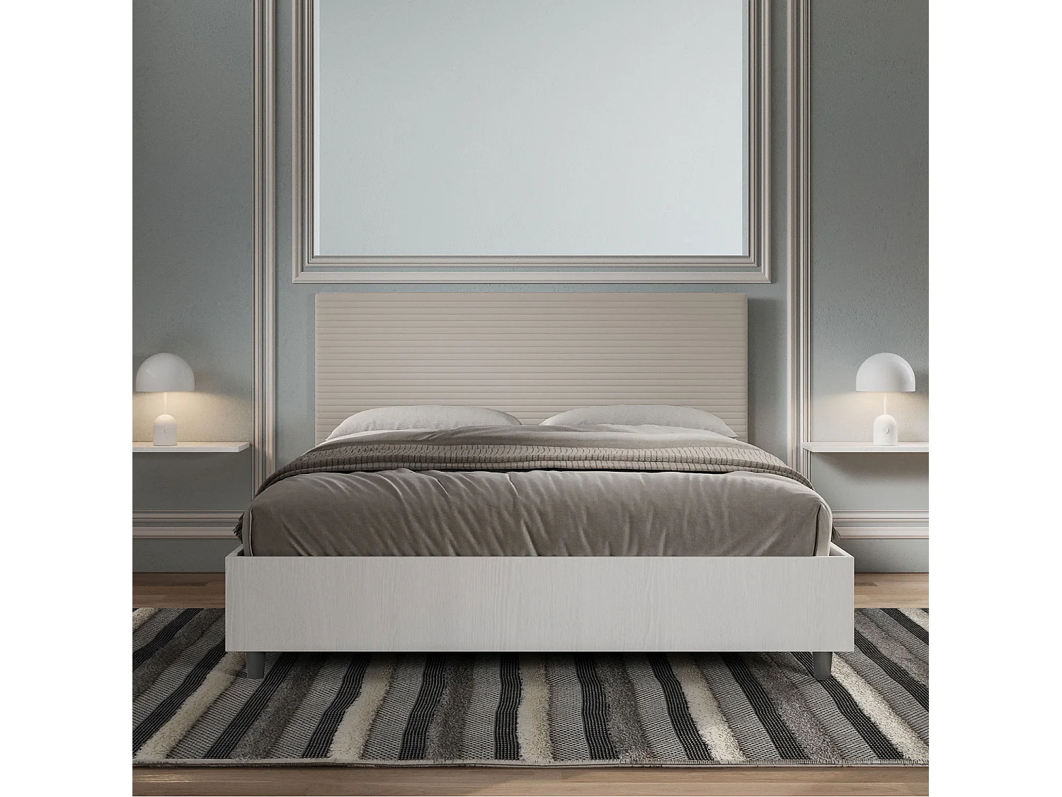 Cama con almacenaje 160x190 estructura fresno blanco cabecero cuero sintético gris paloma Level
