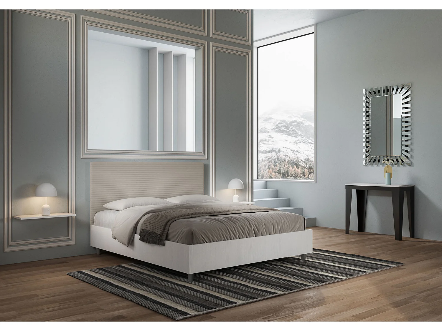 Cama con almacenaje 160x190 estructura fresno blanco cabecero cuero sintético gris paloma Level