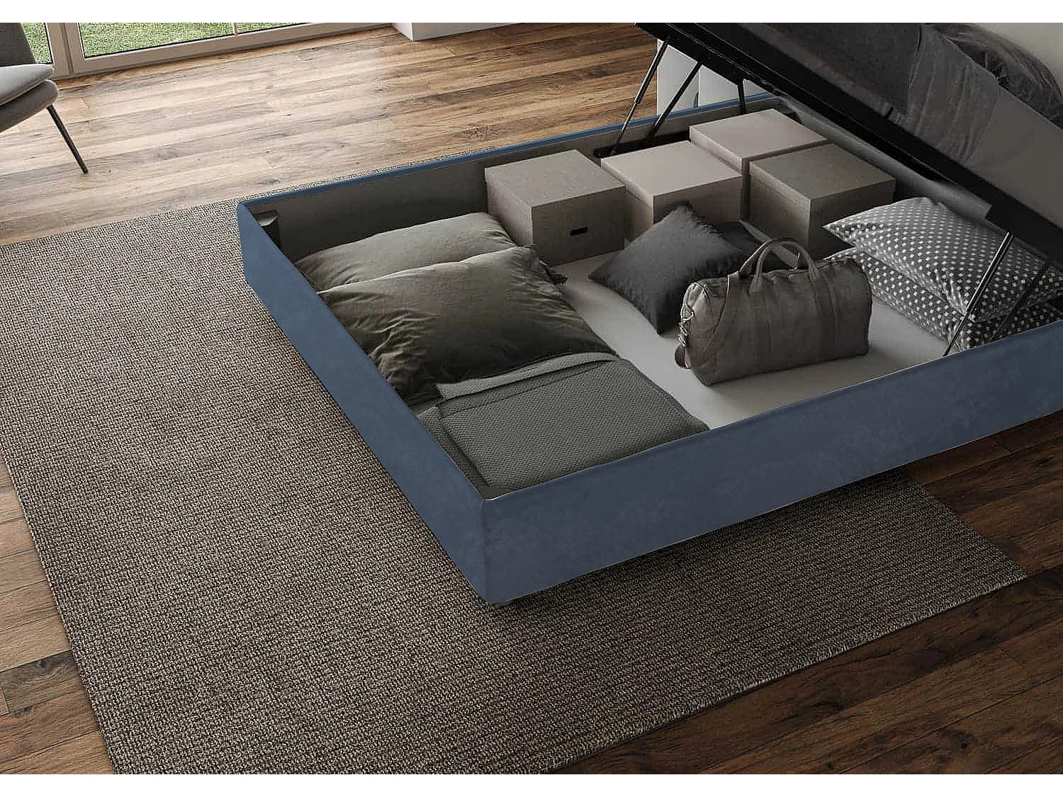 Letto contenitore imbottito 160x190 microfibra blu Antea