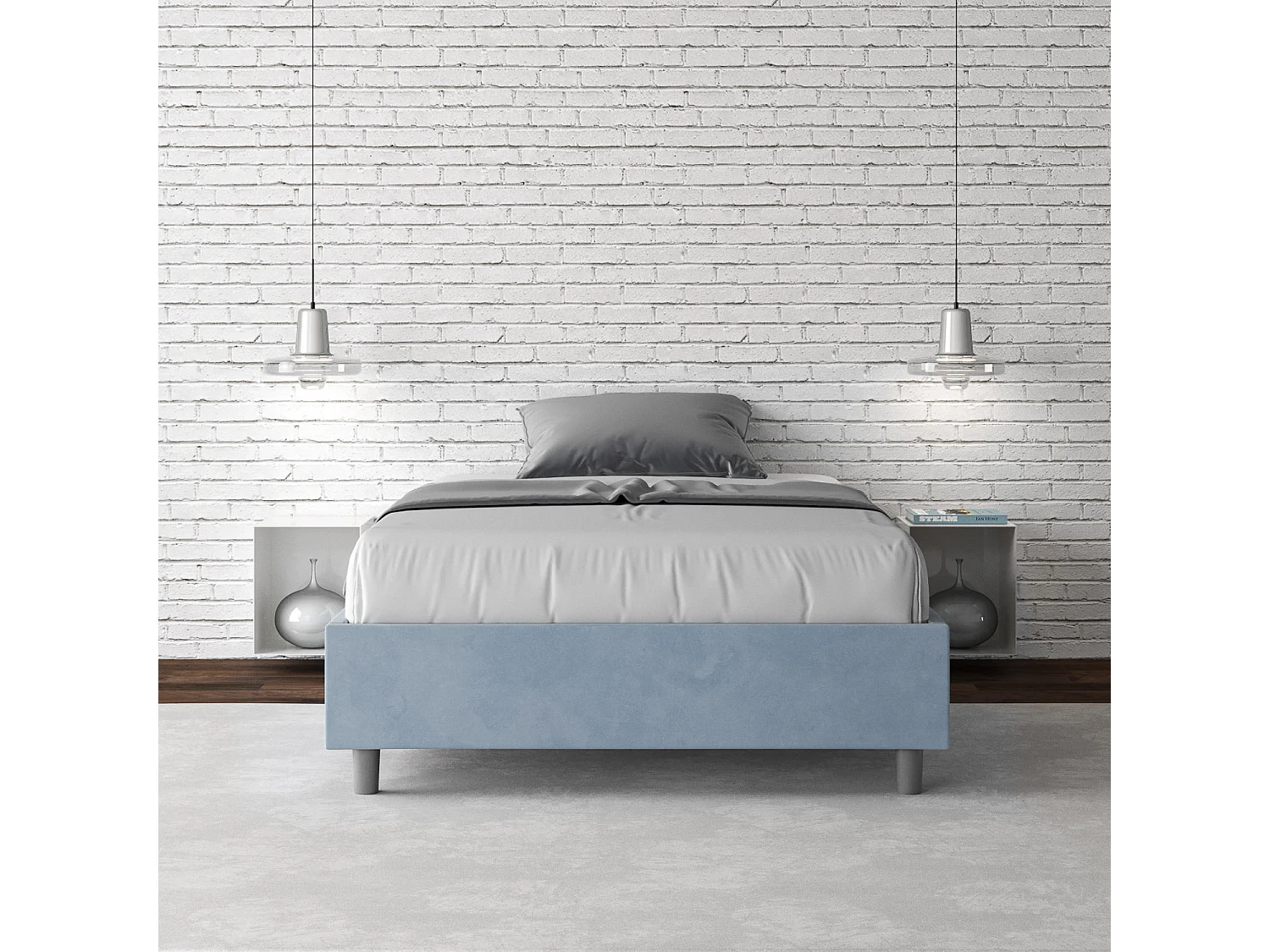 Cadre de lit 1 place et demi coffre rembourré 120x190 microfibre bleu clair Azelia