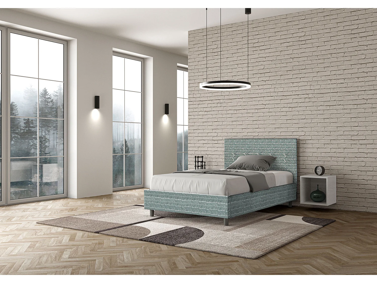 Lit 1 place et demi coffre rembourré 120x190 tissu Aragona 7 bleu clair Adele