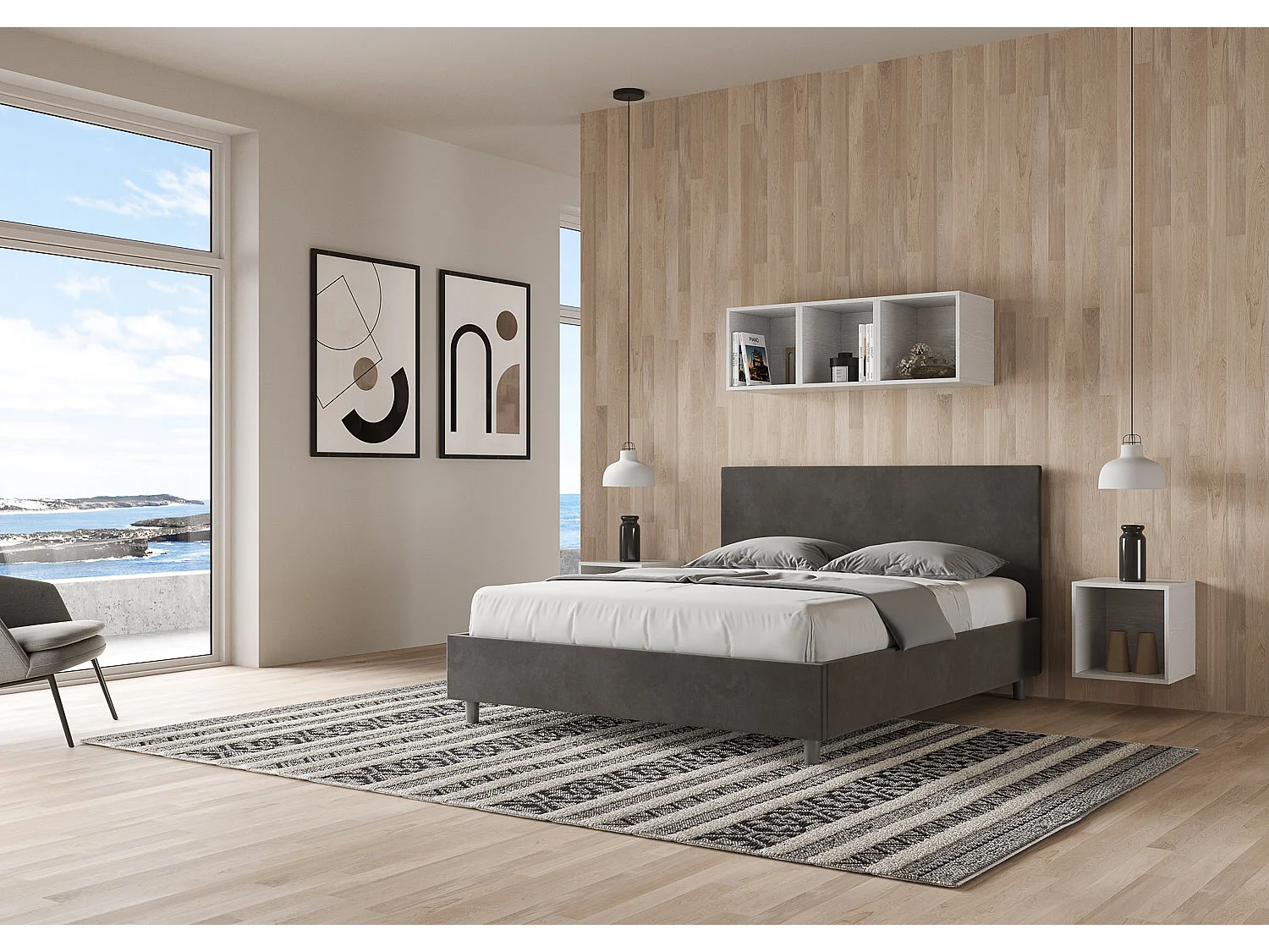 Lit coffre rembourré 160x210 microfibre gris Adele