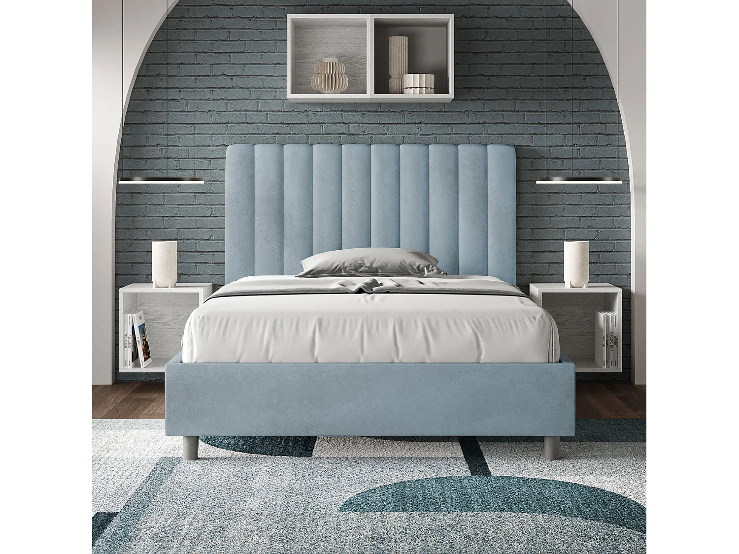 Lit 1 place et demi coffre rembourré 120x190 microfibre bleu clair Agueda