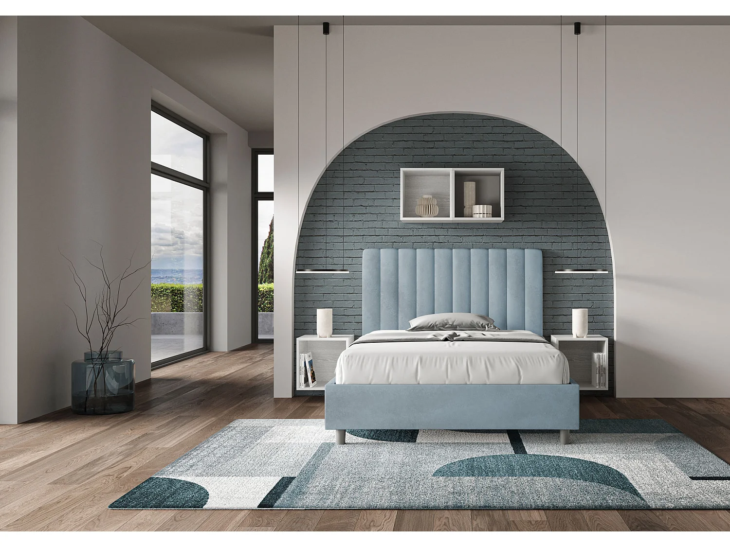 Lit 1 place et demi coffre rembourré 120x190 microfibre bleu clair Agueda