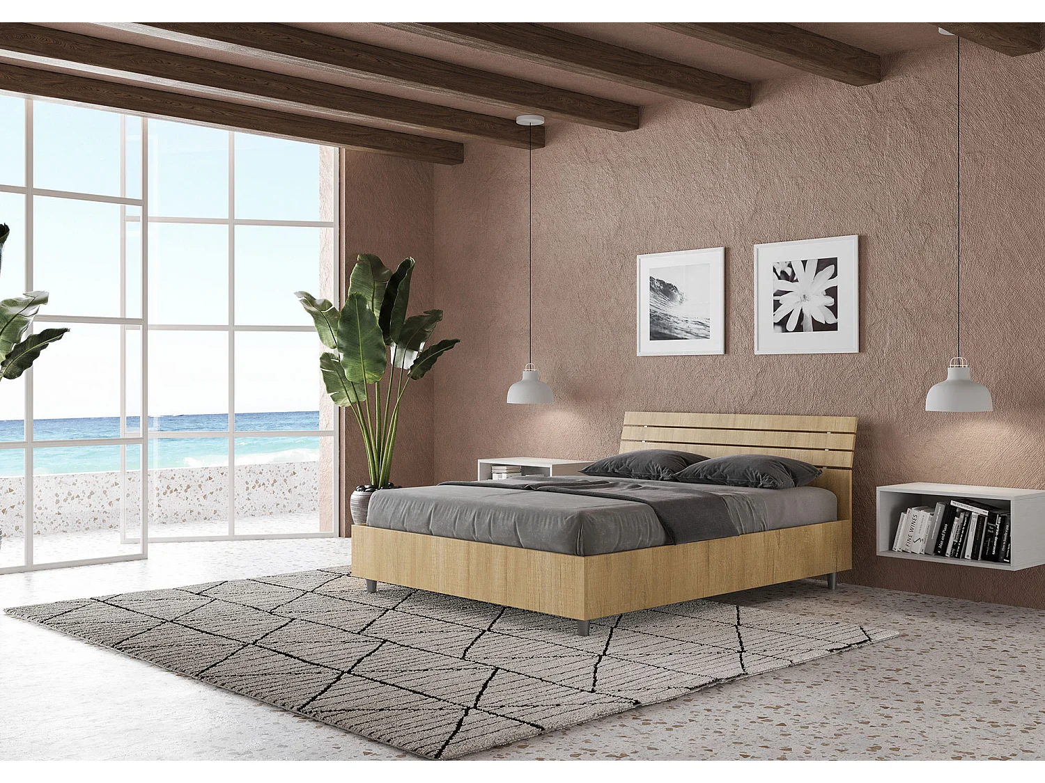 Lit double coffre 140x200 tête de lit inclinée avec des lames chêne nature Ankel