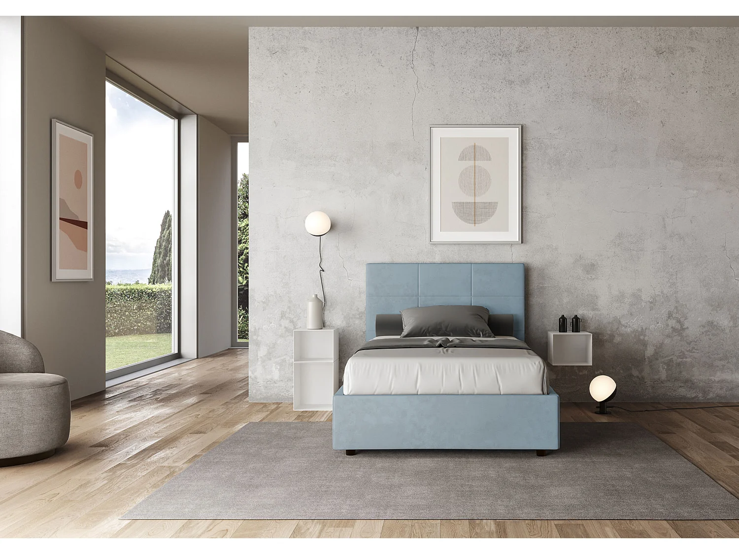 Lit 1 place et demi coffre rembourré 120x200 microfibre bleu clair Mika