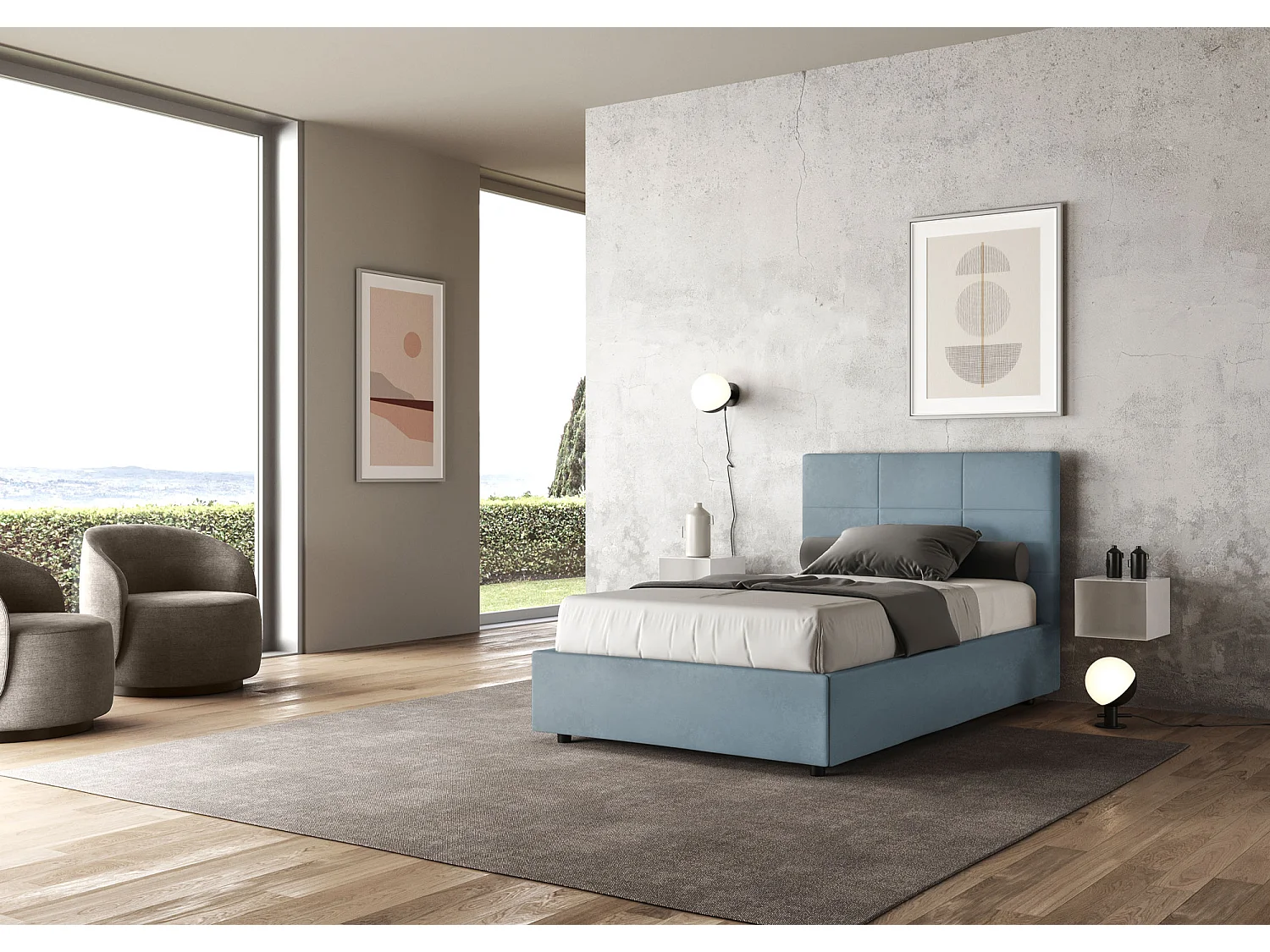 Lit 1 place et demi coffre rembourré 120x200 microfibre bleu clair Mika