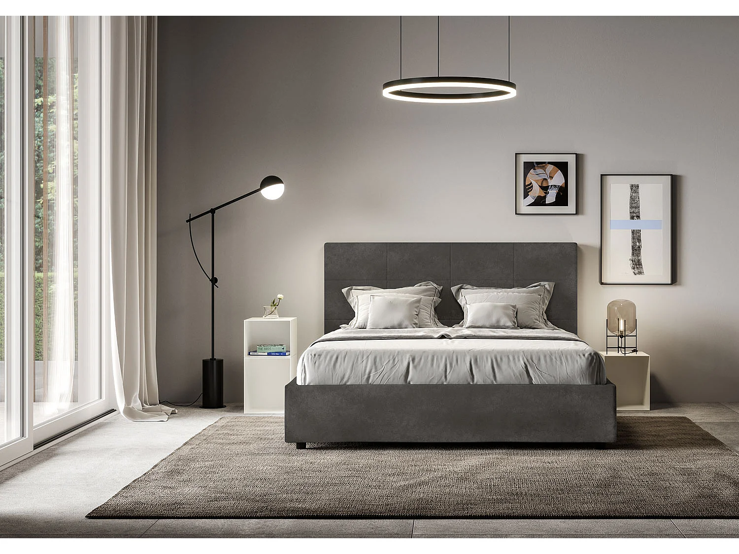 Lit coffre rembourré 160x190 microfibre gris Mika