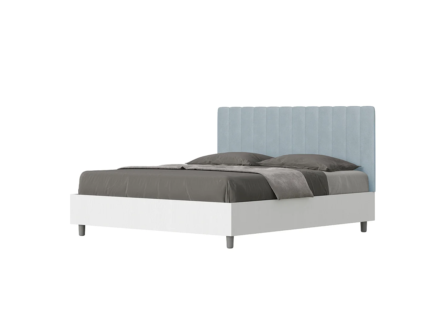 Lit coffre 160x190 structure frêne blanc tête de lit microfibre bleu clair Kaia