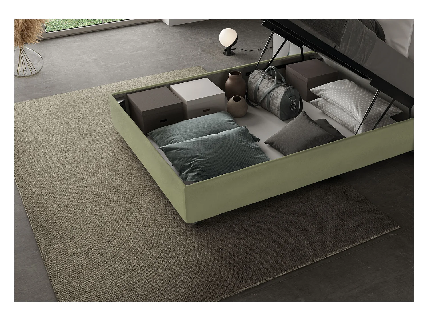 Cadre de lit 1 place et demi coffre rembourré 120x190 microfibre vert Azelia