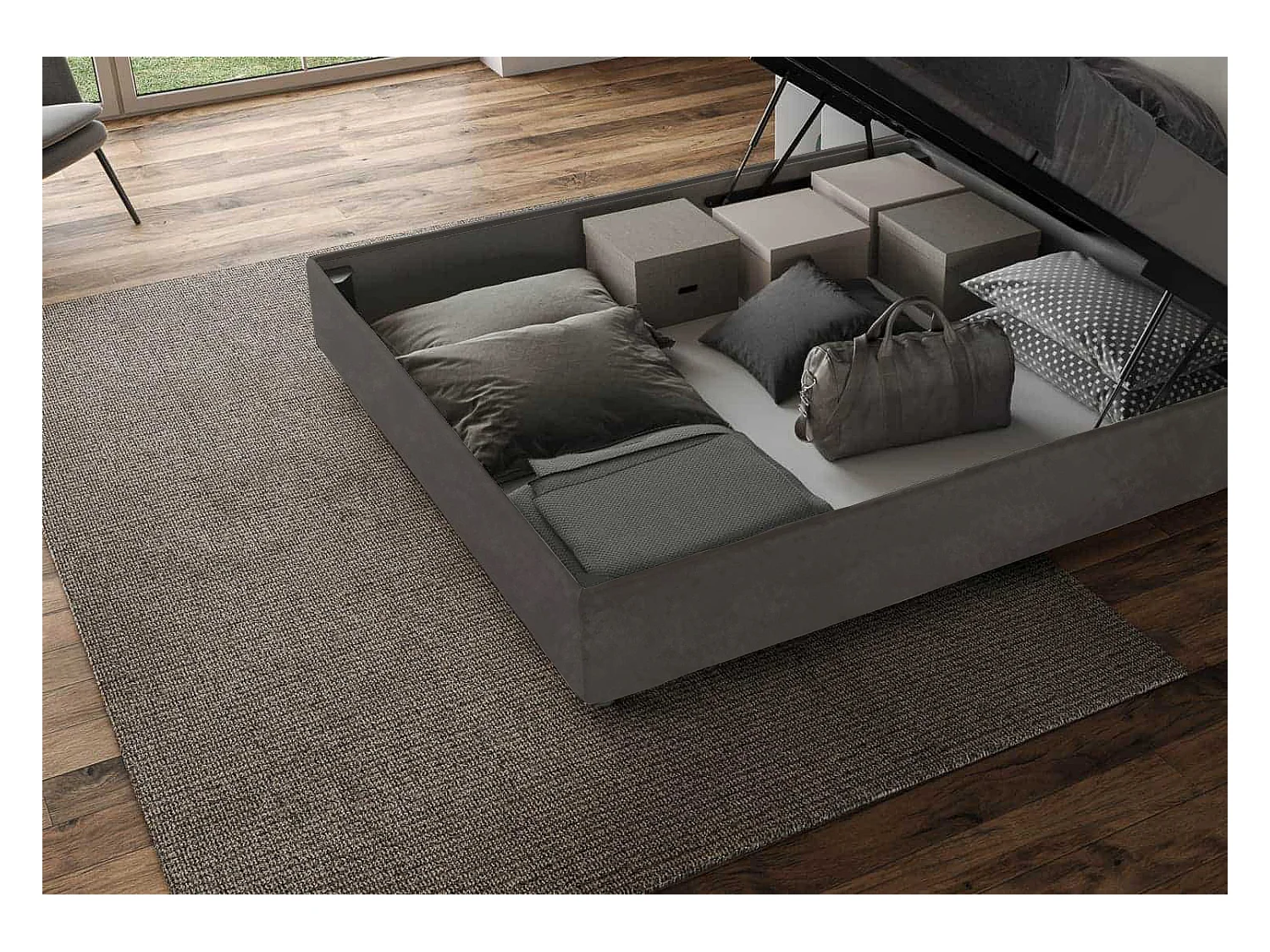 Letto contenitore imbottito 200x210 microfibra grigio Appia