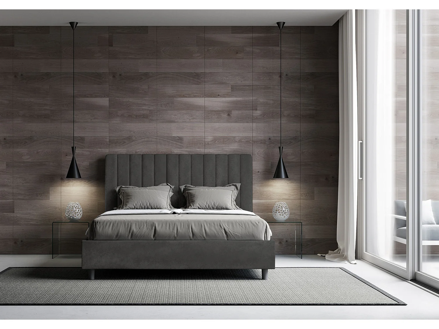 Letto contenitore imbottito 160x190 microfibra grigio Agueda