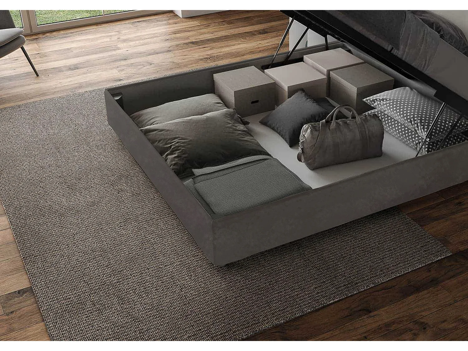 Letto contenitore imbottito 160x190 microfibra grigio Agueda