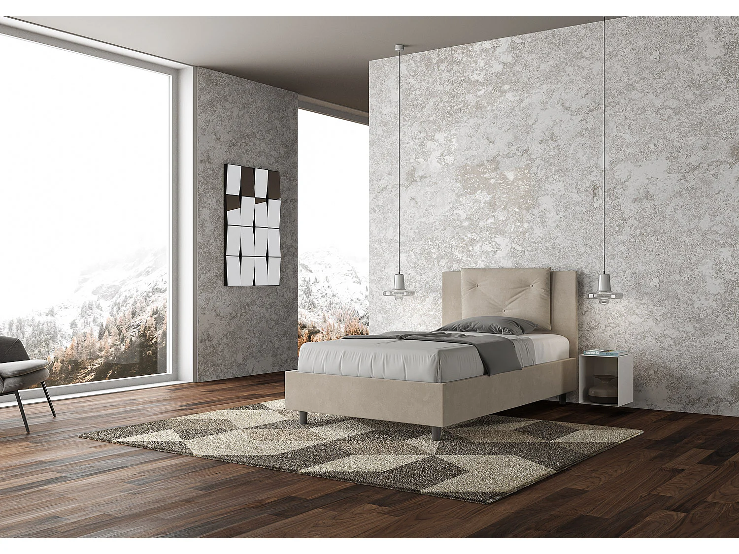 Lit 1 place et demi coffre rembourré 120x190 microfibre sable Appia