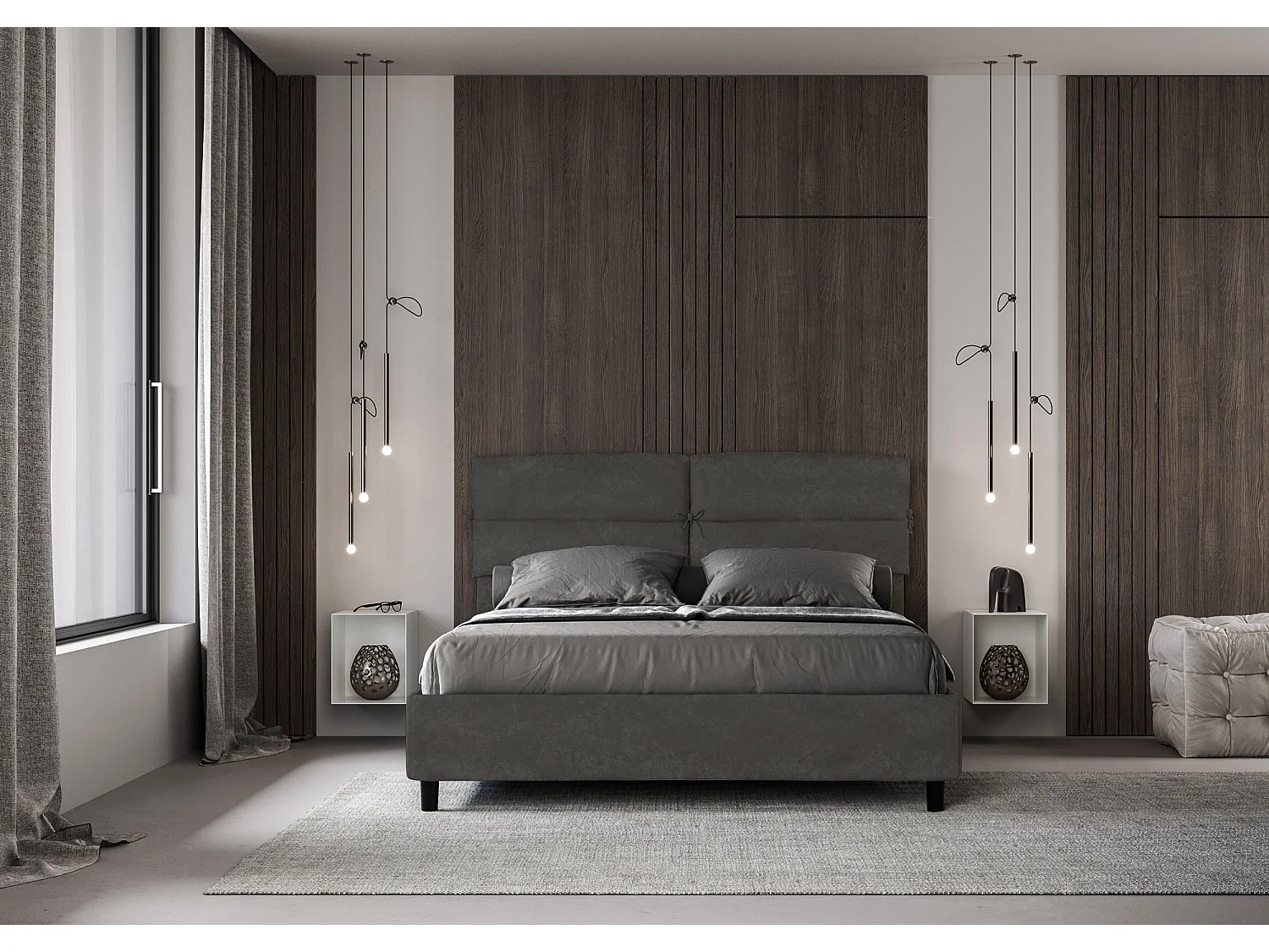 Lit coffre rembourré 160x200 microfibre gris Nandy