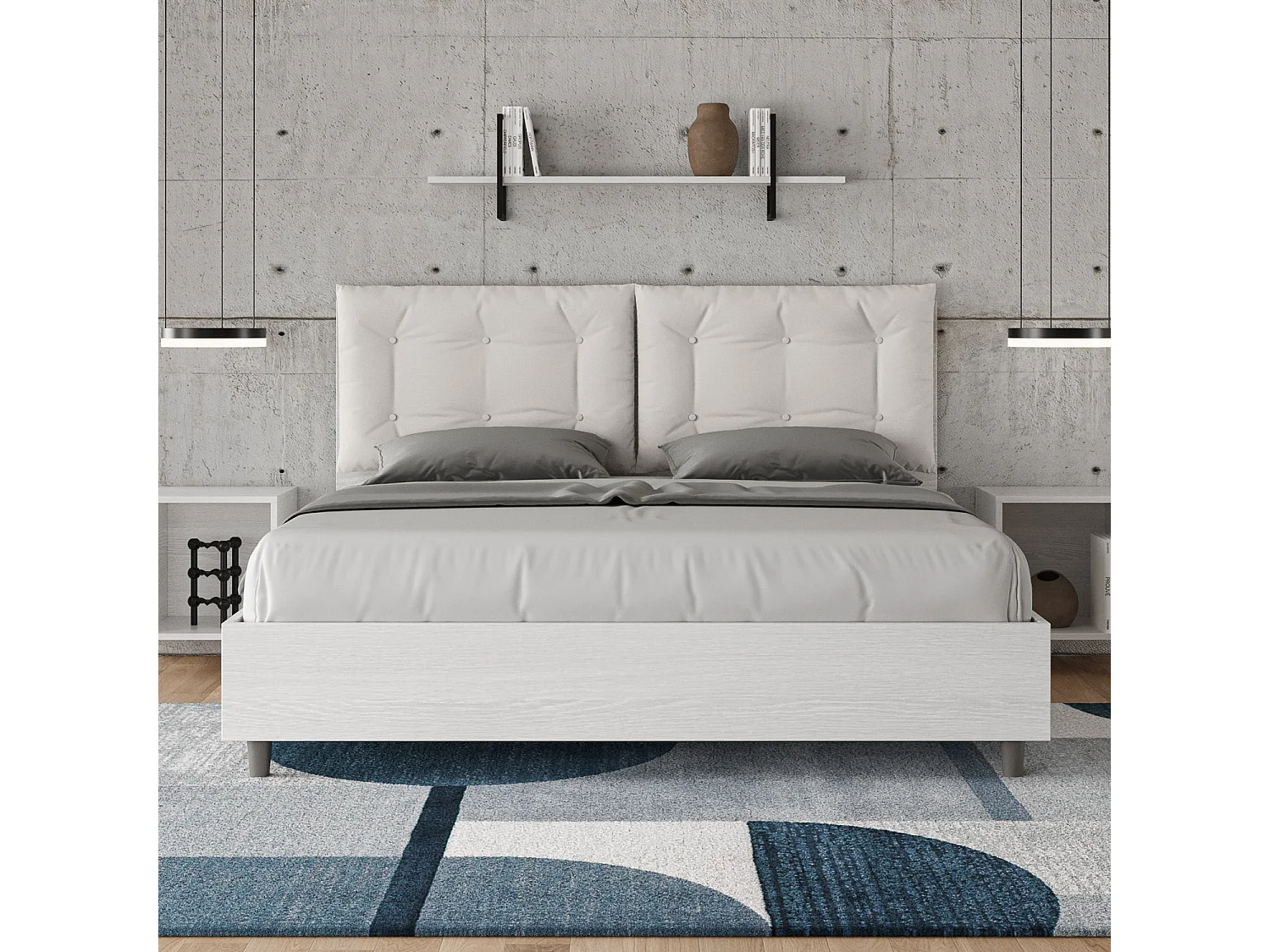 Lit queen size coffre 160x200 frêne blanc coussins similicuir blanc Egos Annalisa