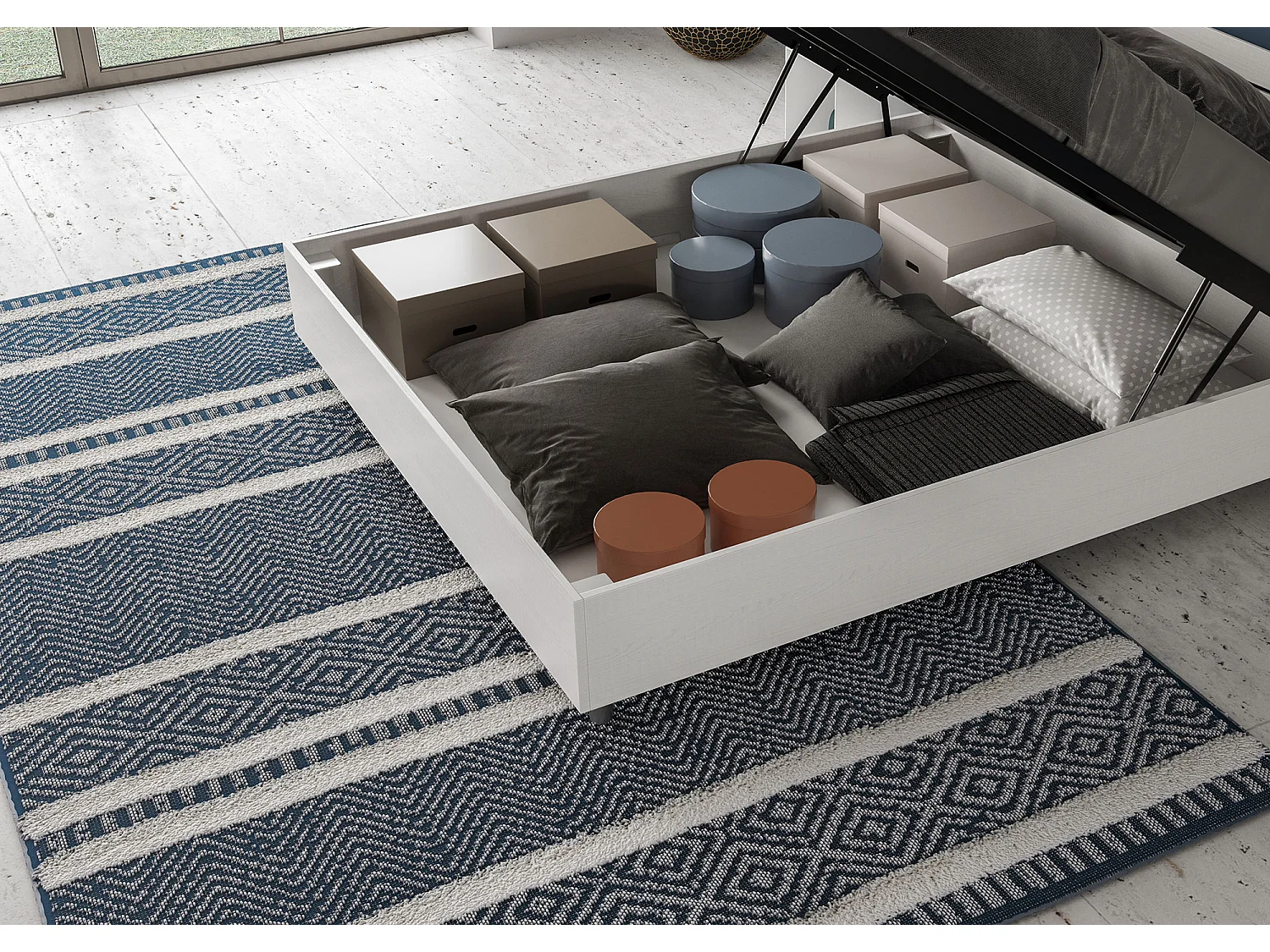 Bett mit Bettkasten 160x200 Bettgestell Esche weiß Bett-Kopfteil mit Mikrofaserbezug Grau Grace