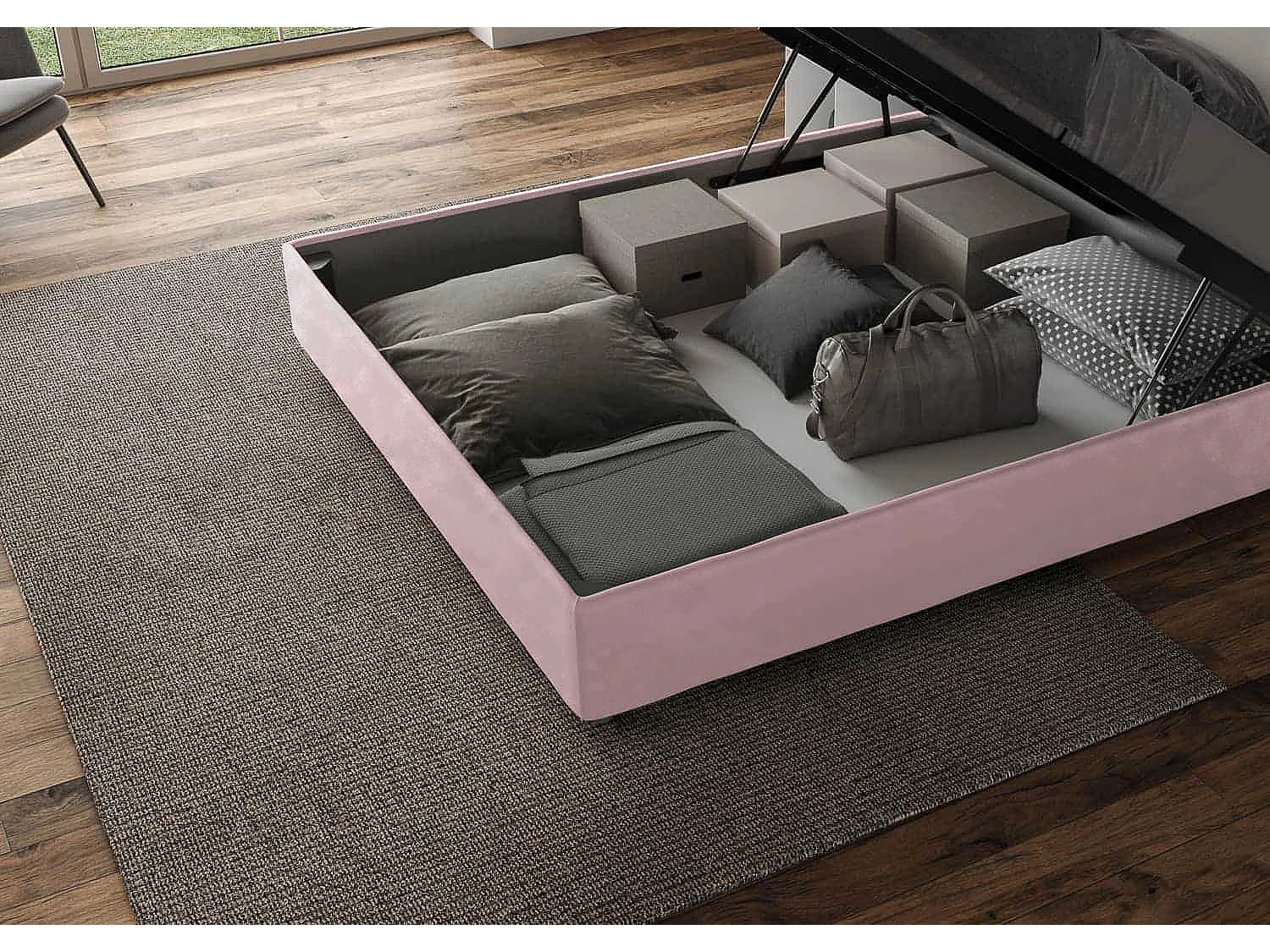 Letto contenitore imbottito 160x190 microfibra glicine Antea