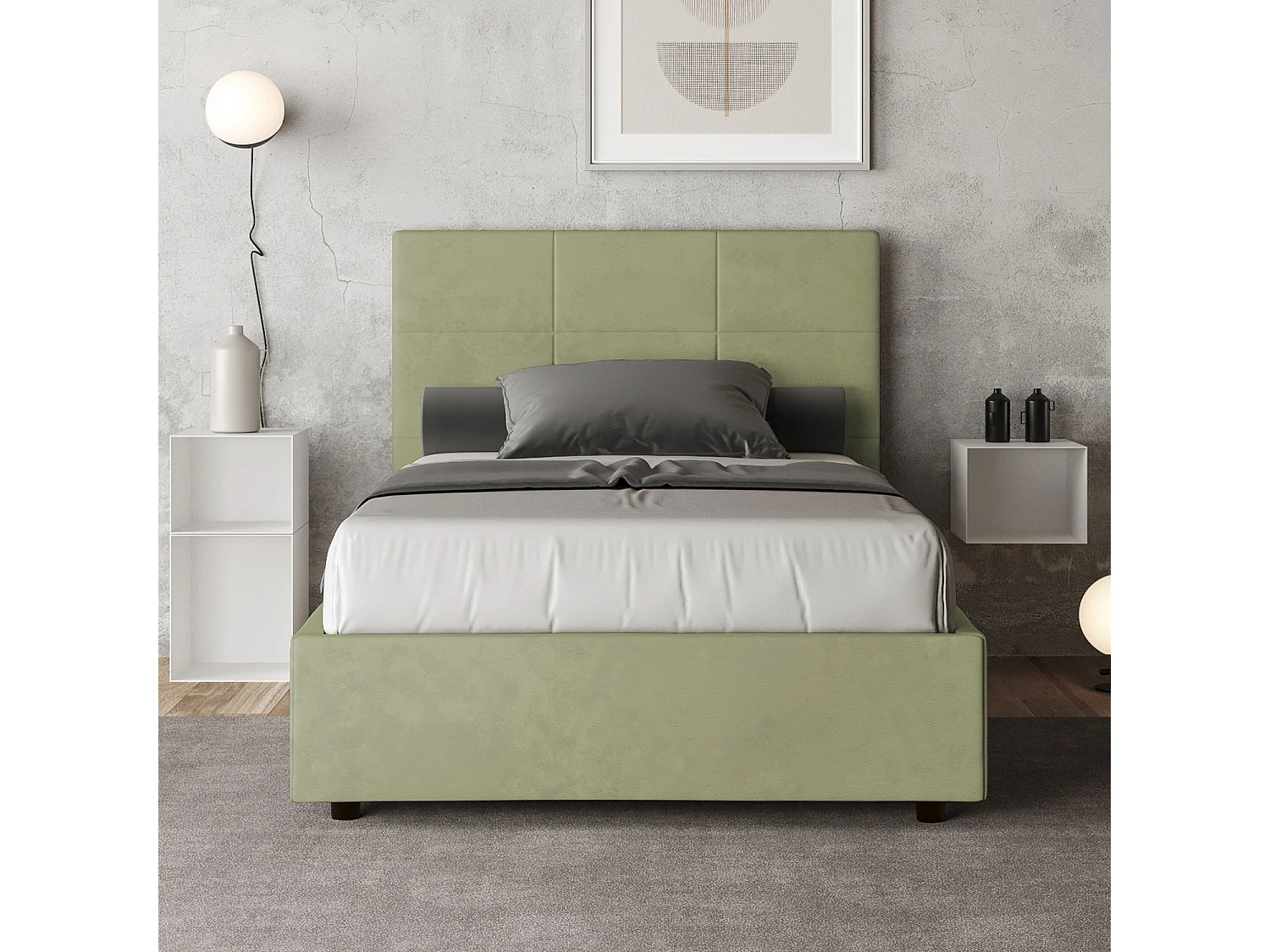 Letto contenitore imbottito 120x210 microfibra tè verde Mika
