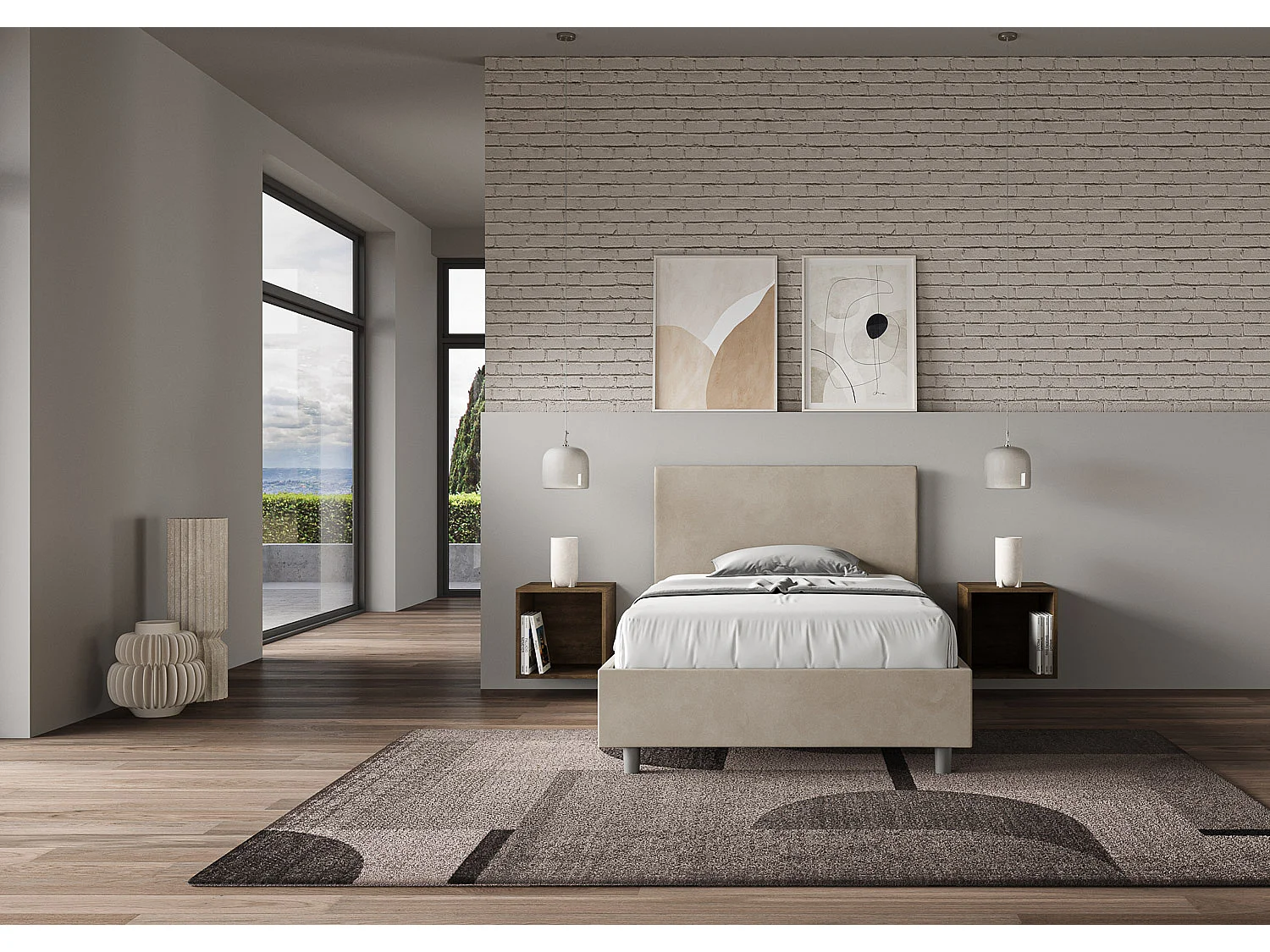 Letto una piazza e mezza contenitore imbottito 120x190 microfibra sabbia Adele