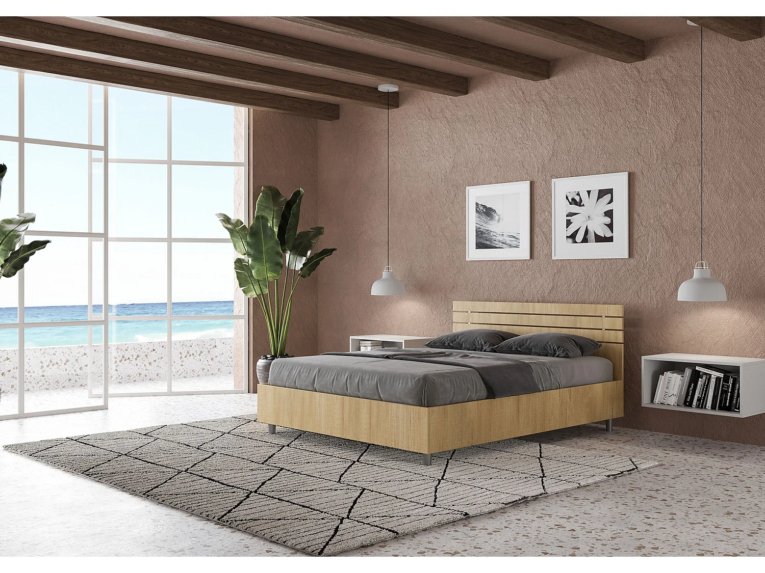 Lit double coffre 140x200 tête de lit droite avec des lames chêne nature Ankel