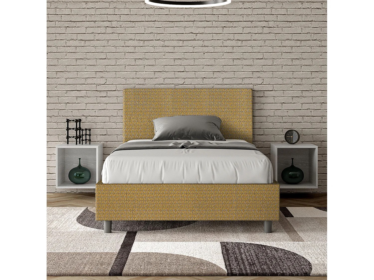 Cama de una plaza y medio con almacenaje acolchada 120x190 tejido Labirinto 6 amarillo Adele