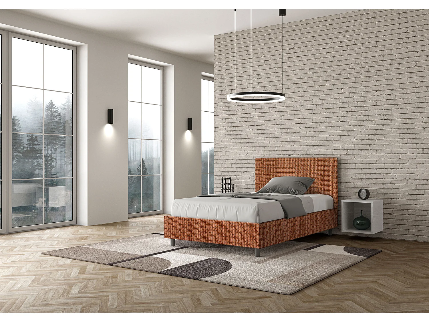 Lit 1 place et demi coffre rembourré 120x190 tissu Labirinto 4 orange Adele