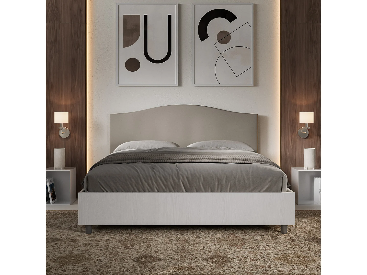 Lit coffre 160x190 structure frêne blanc tête de lit similicuir taupe Grace