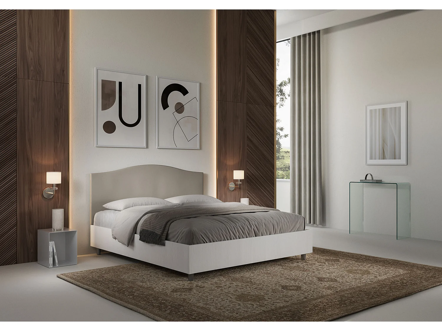 Lit coffre 160x190 structure frêne blanc tête de lit similicuir taupe Grace