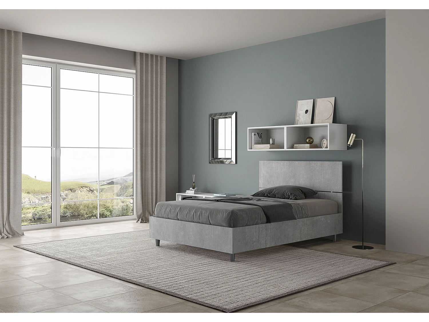 Lit 1 place et demi coffre 120x200 tête de lit droite gris béton Demas