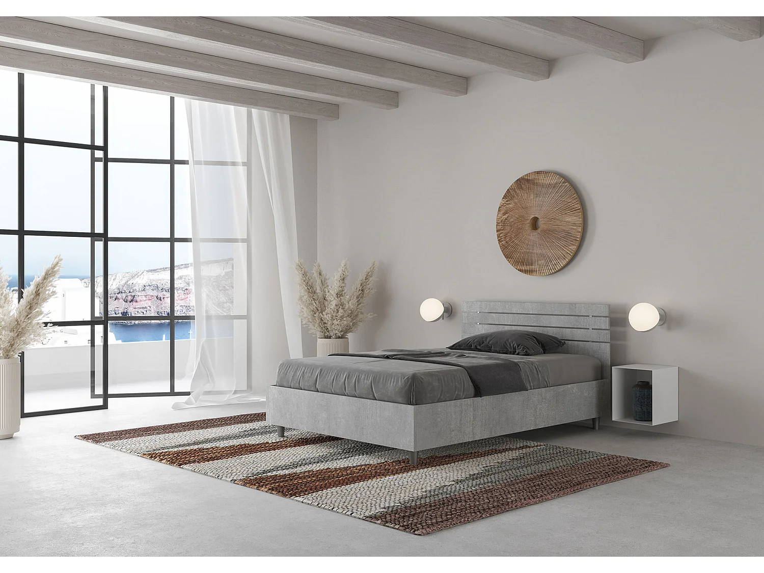 Lit 1 place et demi coffre 120x200 tête de lit droite avec des lames gris béton Ankel