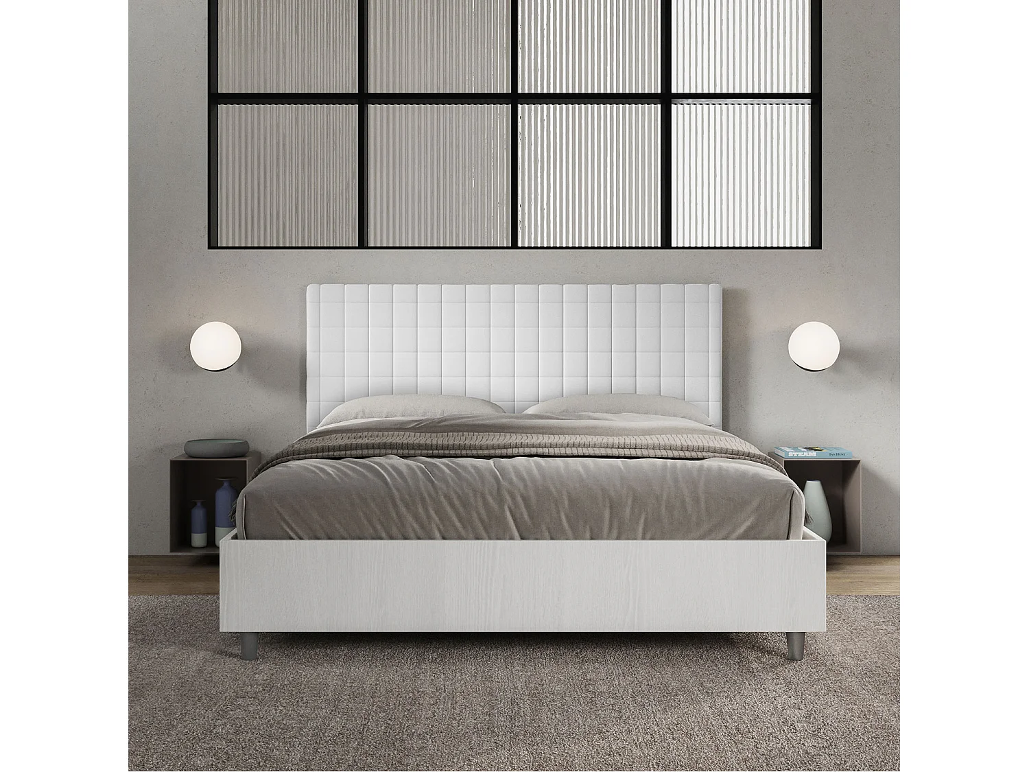 Cama con almacenaje 160x190 estructura fresno blanco cabecero cuero sintético blanco Burmy