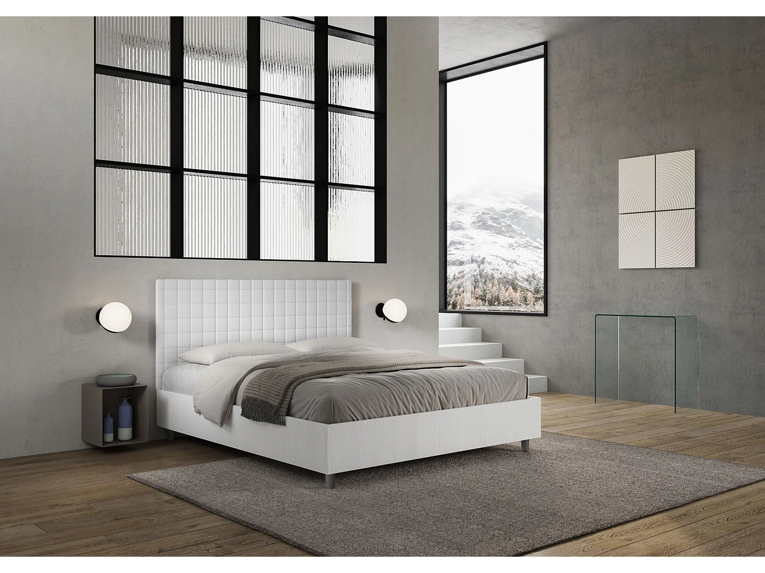 Cama con almacenaje 160x190 estructura fresno blanco cabecero cuero sintético blanco Burmy