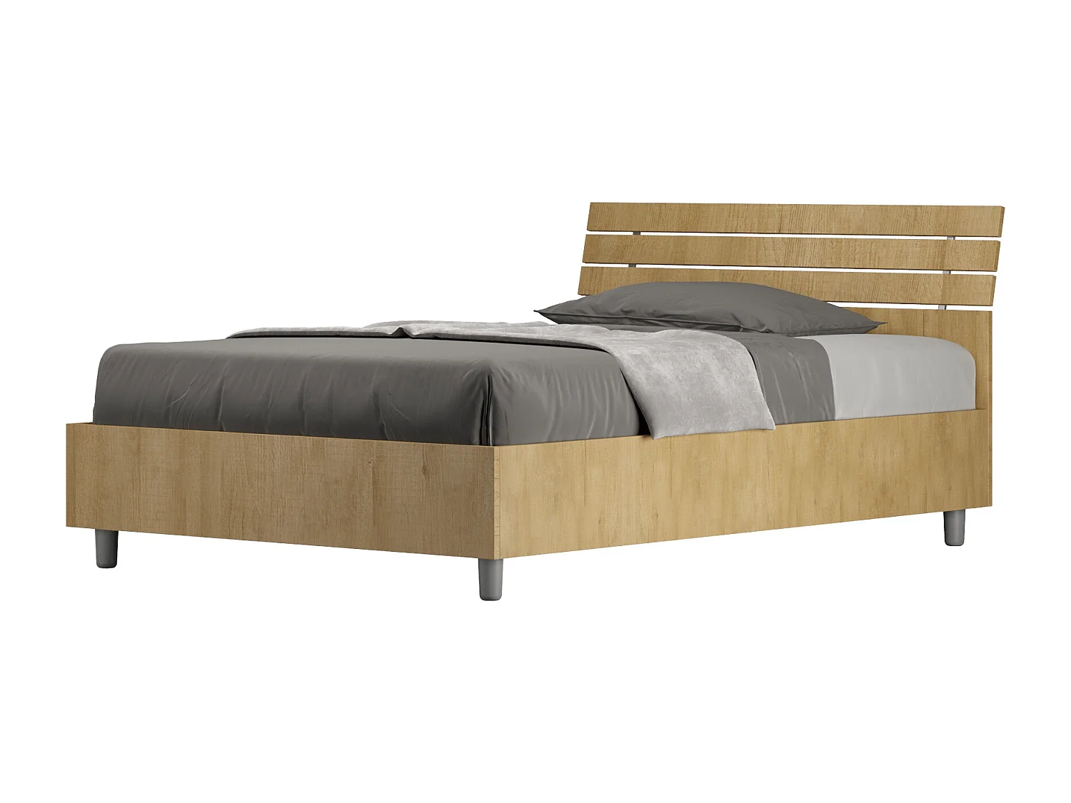 Lit 1 place et demi coffre 120x200 tête de lit inclinée avec des lames chêne nature Ankel