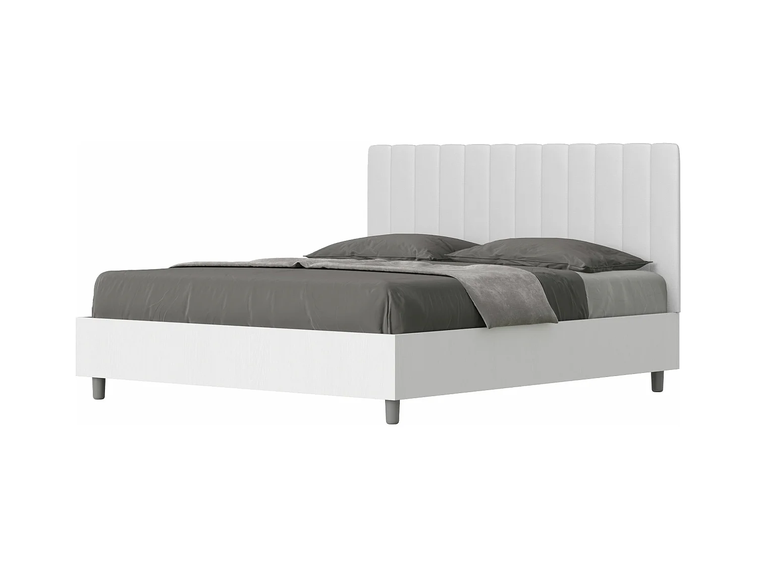 Lit avec sommier 160x200 structure frêne blanc tête de lit similicuir blanc Kaia