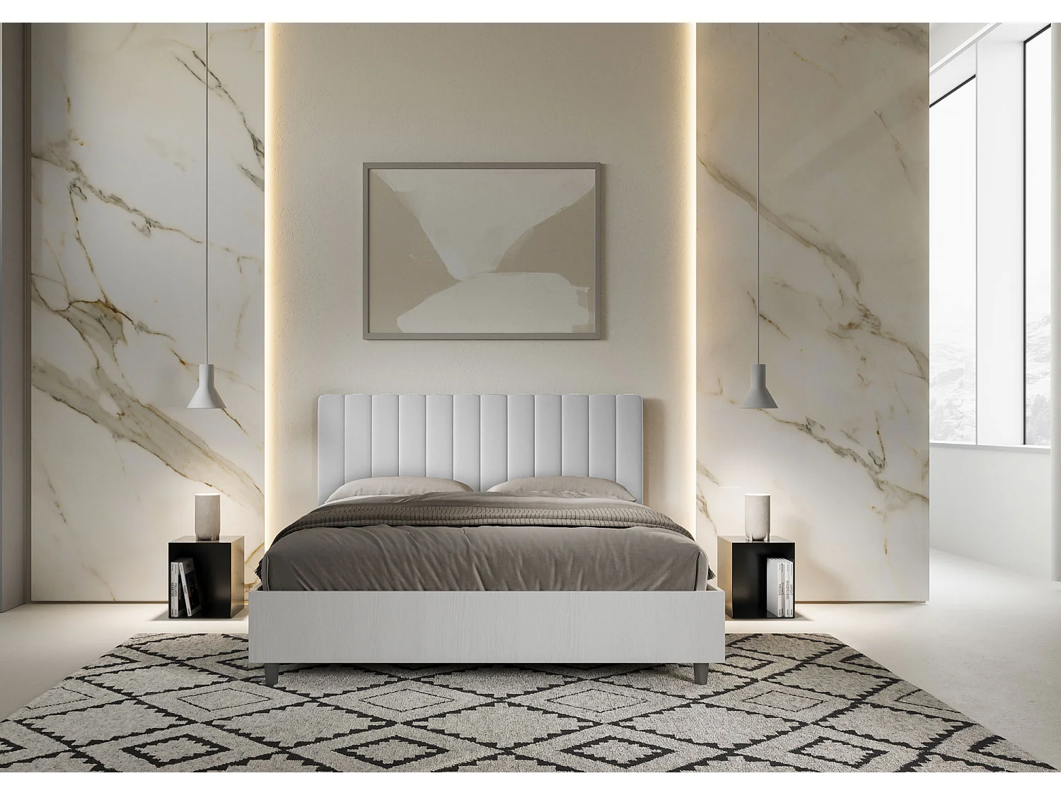 Cama con somier de 160x200, estructura de fresno blanco, cabecero de melamina blanca/polipiel Kaia
